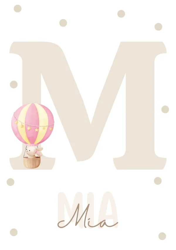 Affiche initiale personnalisée avec nom et montgolfière