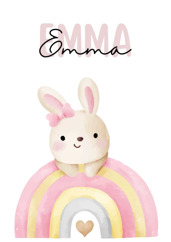 Affiche petit lapin et arc-en-ciel avec prénom