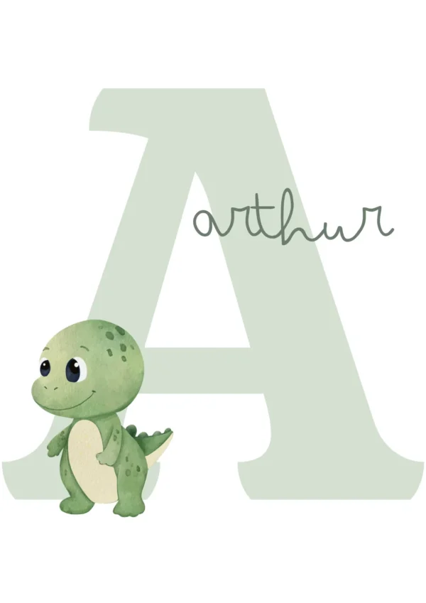 Affiche initiale avec prénom Dino vert