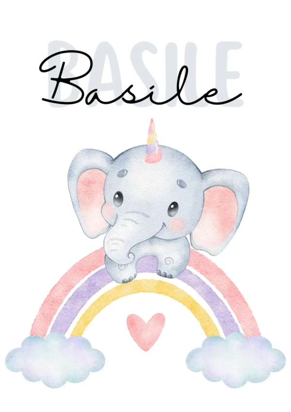 Affiche enfant éléphant sur l’arc-en-ciel personnalisée