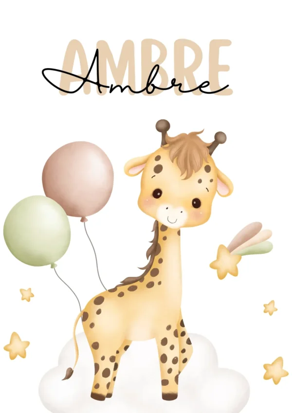 Affiche enfant girafe bébé personnalisée