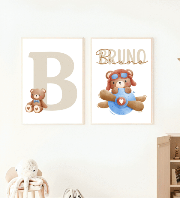 Lot d’affiches enfant ourson en avion