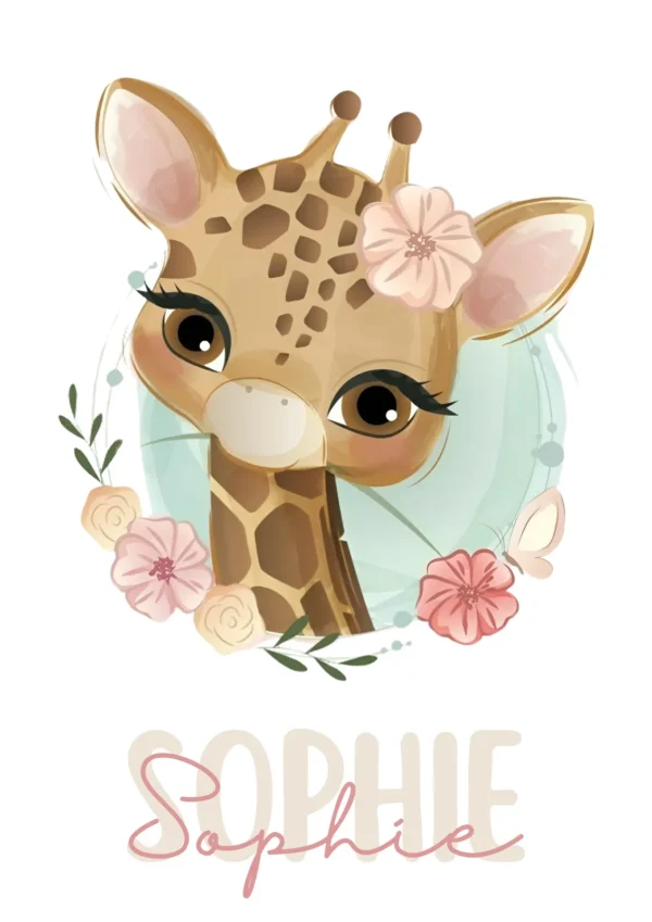 Affiche enfant girafe avec fleurs et nom