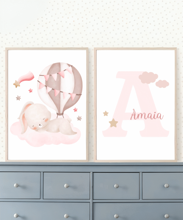 Lot d’affiches enfant lapin rose et initiale