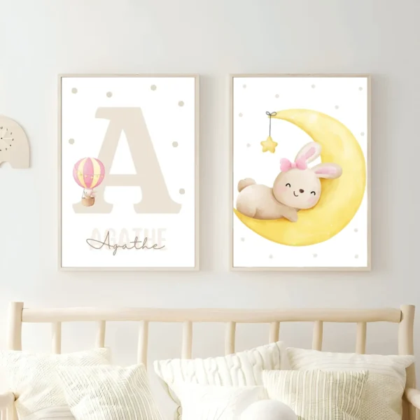 Conjuntos (11) Lot d’affiches enfant lapin rose sur la lune