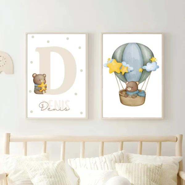 Conjuntos (26) Lot d’affiches enfant ourson en montgolfière verte