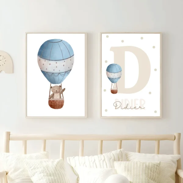 Conjuntos (27) Lot d’affiches enfant ourson et lapin en montgolfière