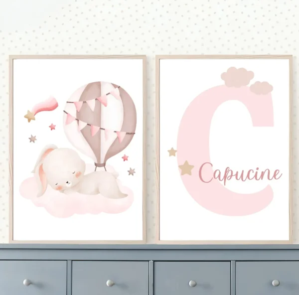 Conjuntos (28) Lot d’affiches enfant lapin rose et initiale
