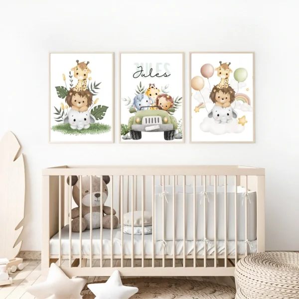 Conjuntos (3) Lot d’affiches enfant animaux aventuriers