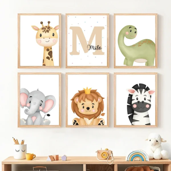 Conjuntos (4) Lot d’affiches enfant animaux et initiale