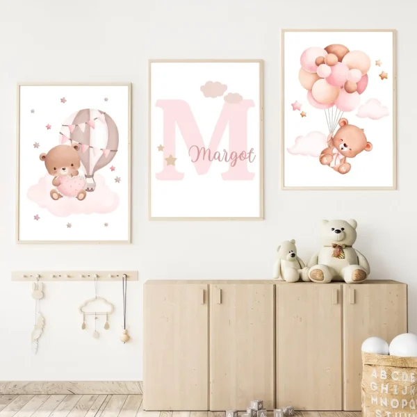 Conjuntos (9) Lot d’affiches enfant oursons et ballons roses