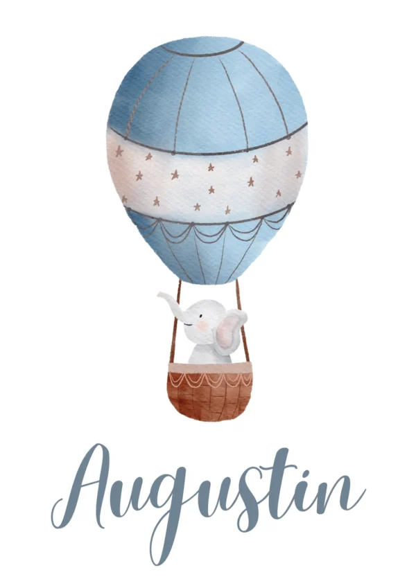 Affiche éléphant en montgolfière bleue personnalisée