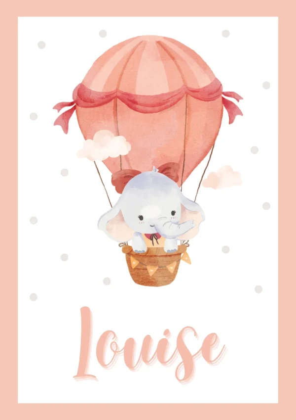 Affiche enfant éléphanteau en montgolfière