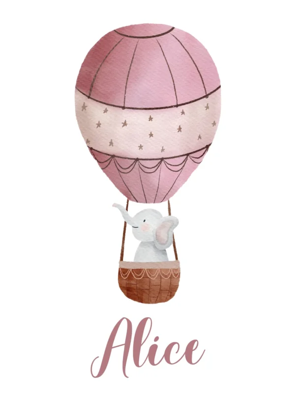 Affiche éléphant en montgolfière rose personnalisée