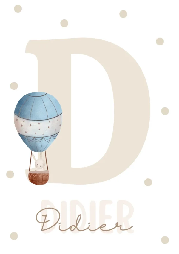 Affiche initiale avec nom montgolfière bleu