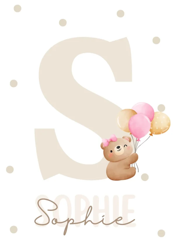 Affiche initiale personnalisée avec nom oursonne qui fait un clin d’œil