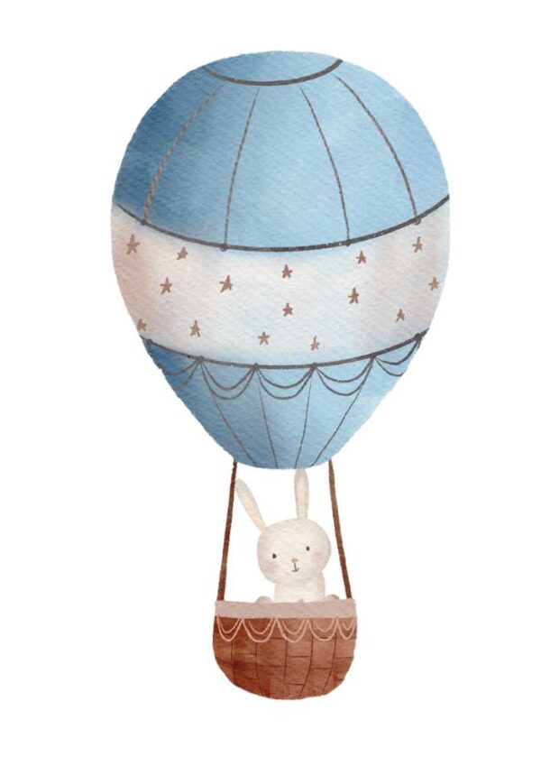 Affiche enfant lapin en montgolfière bleue