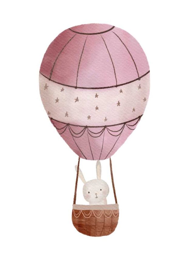 Affiche petit lapin dans un montgolfière rose