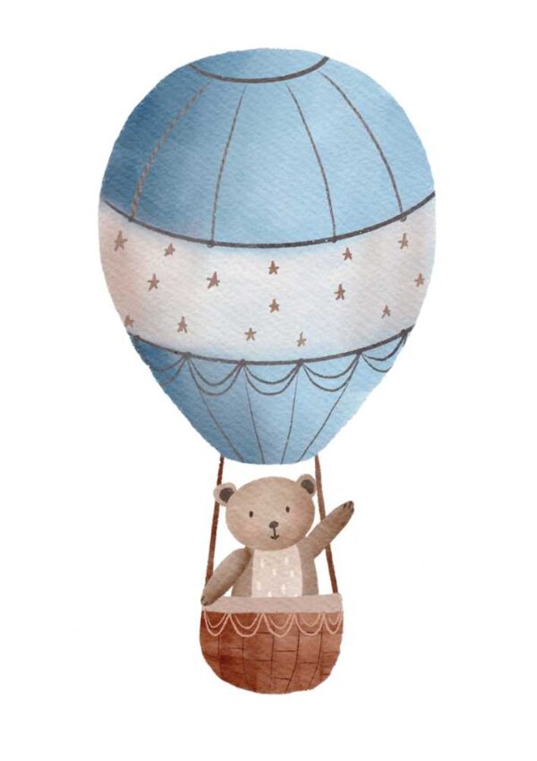 Affiche montgolfières ourson qui salue bleu