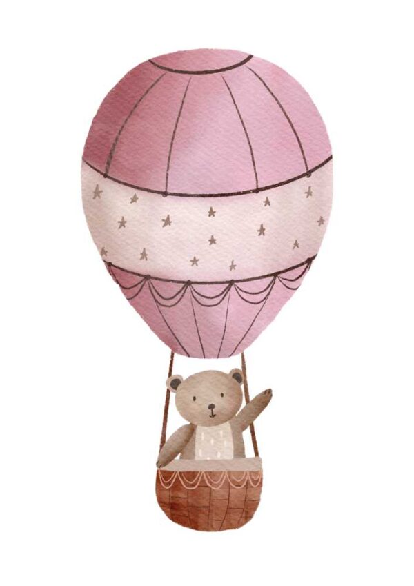 Affiche enfant ourson saluant avec montgolfières roses