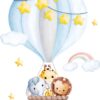 Affiche éléphant, girafe et lion bébés en montgolfière