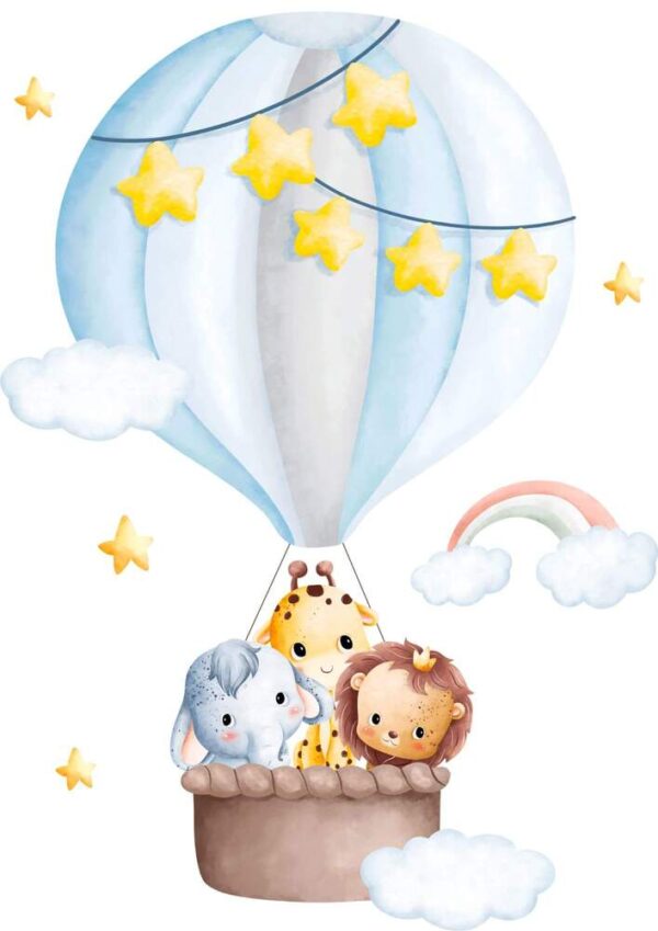 Affiche éléphant, girafe et lion bébés en montgolfière
