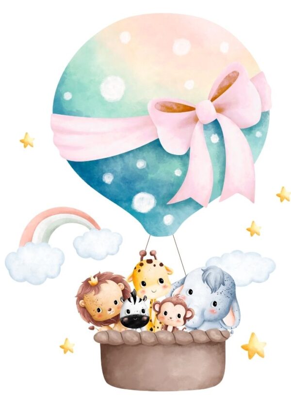 Affiche montgolfière avec nœud et petits animaux