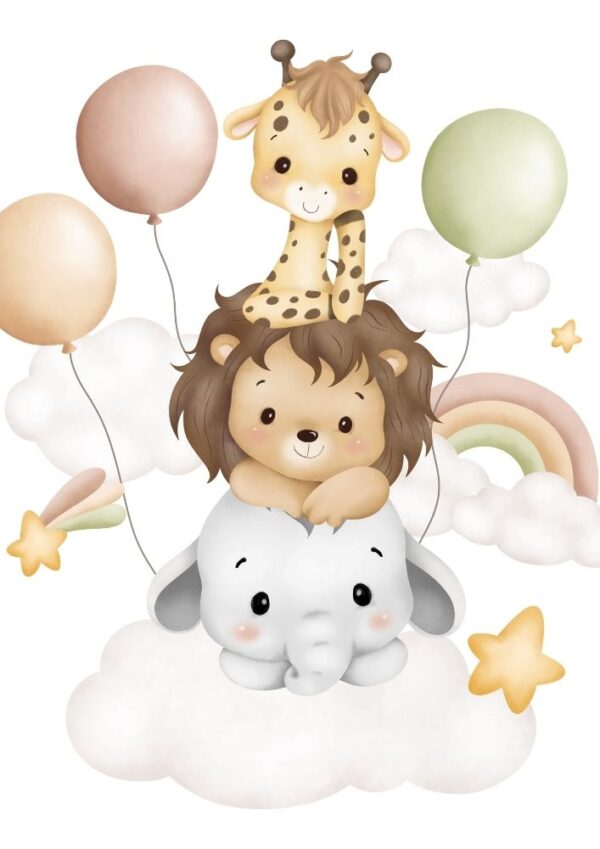 Lamina-infantil-animales-bebes-en-la-nube.jpg Affiche enfant animaux bébés sur le nuage