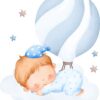 Affiche enfant bébé en montgolfière bleue