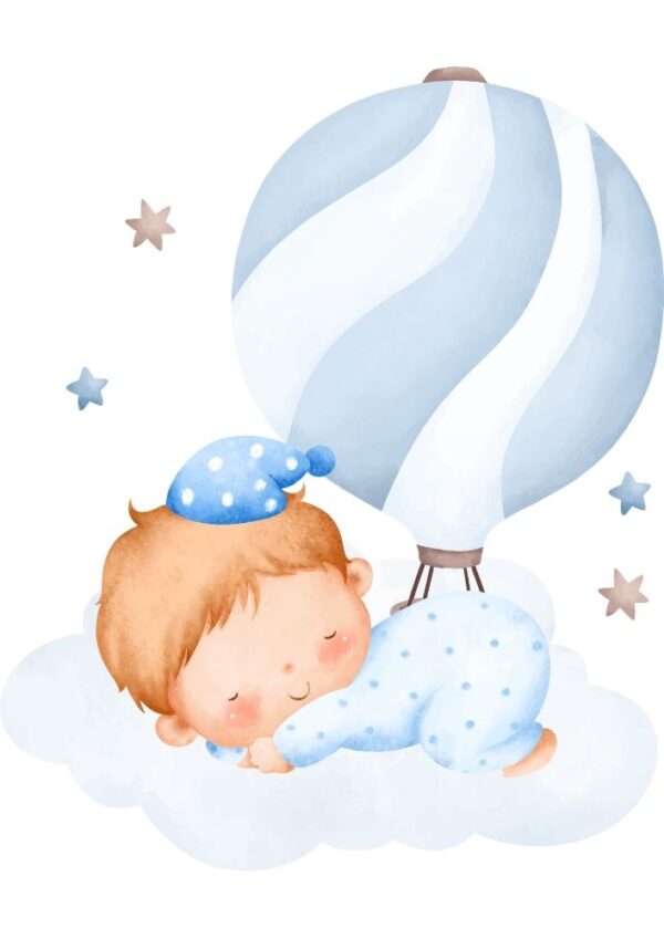 Affiche enfant bébé en montgolfière bleue