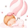 Affiche enfant bébé en montgolfière rose