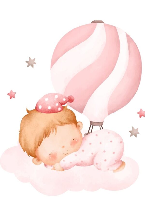 Affiche enfant bébé en montgolfière rose