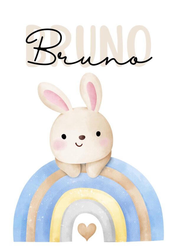 Affiche enfant personnalisée lapin sur l’arc-en-ciel