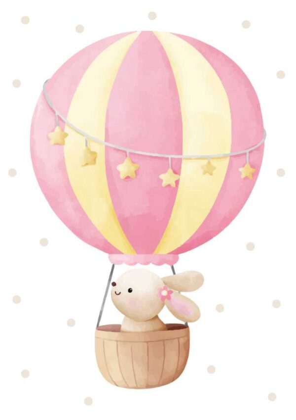 Affiche enfant lapin en montgolfière