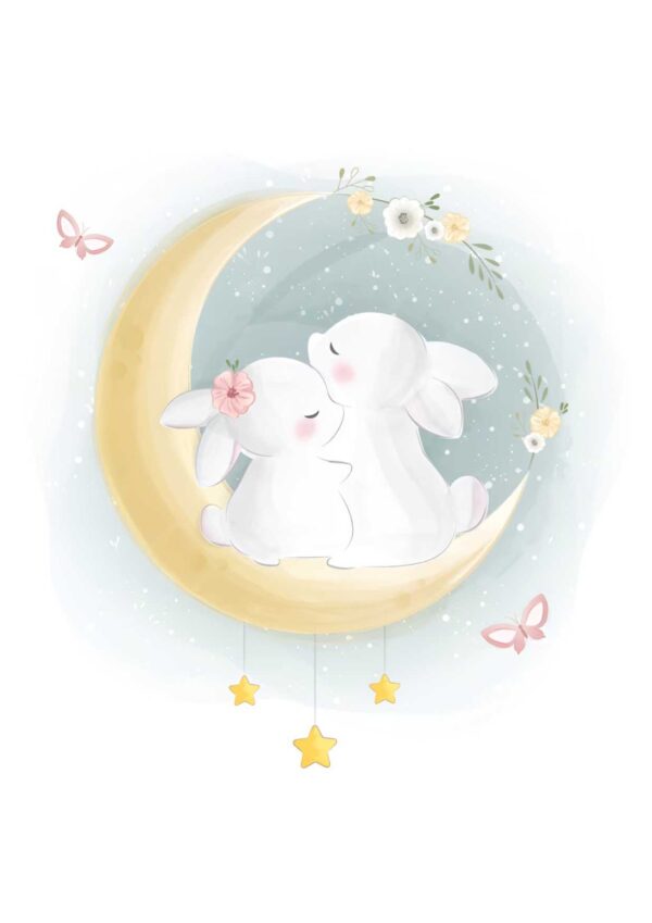 Affiche enfant lapins sur la lune