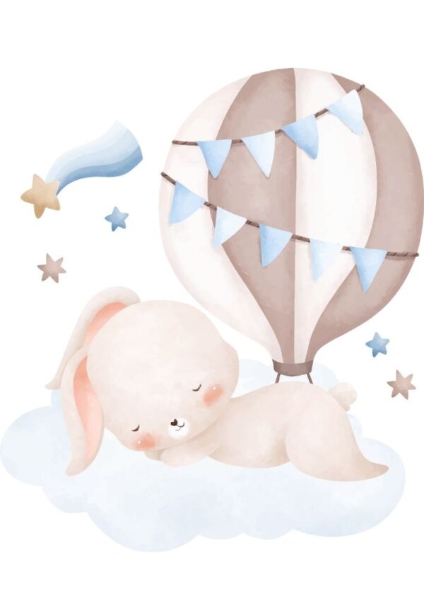 Affiche enfant lapin en montgolfière bleu