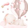 Affiche enfant lapin en montgolfière rose