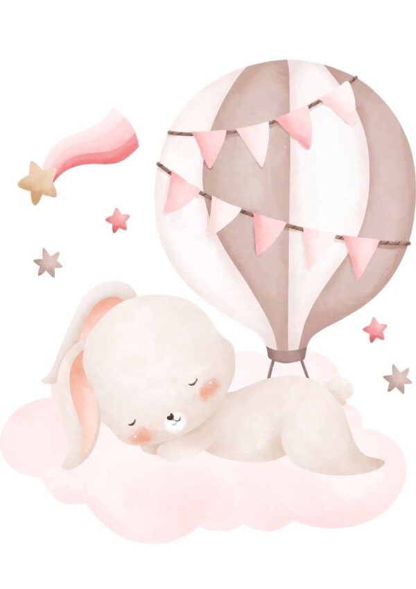 Affiche enfant lapin en montgolfière rose