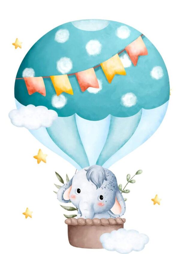 Affiche enfant éléphant en montgolfière