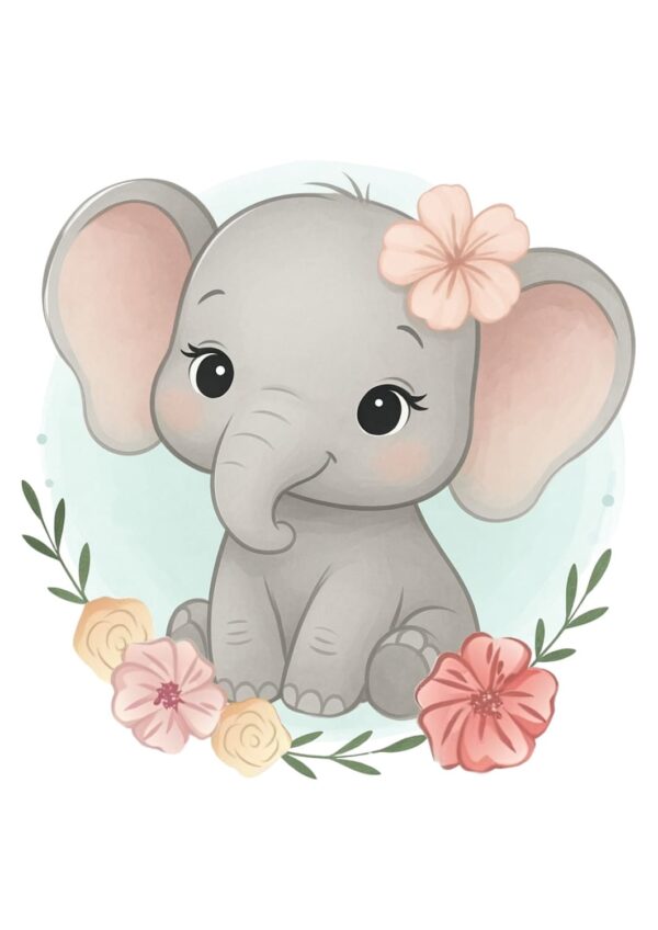 Affiche enfant éléphanteau avec fleurs