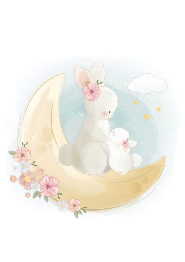 Affiche enfant famille de lapins sur la lune