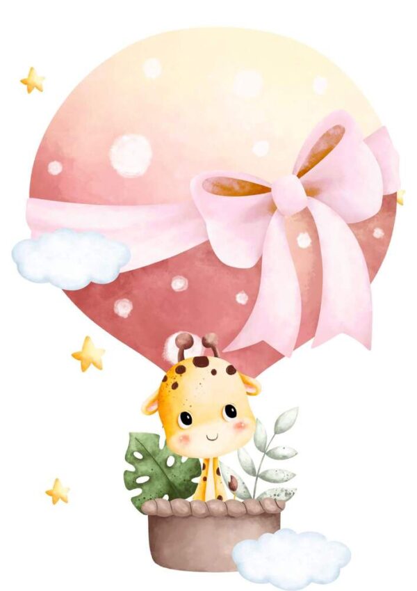 Affiche enfant girafe bébé en montgolfière