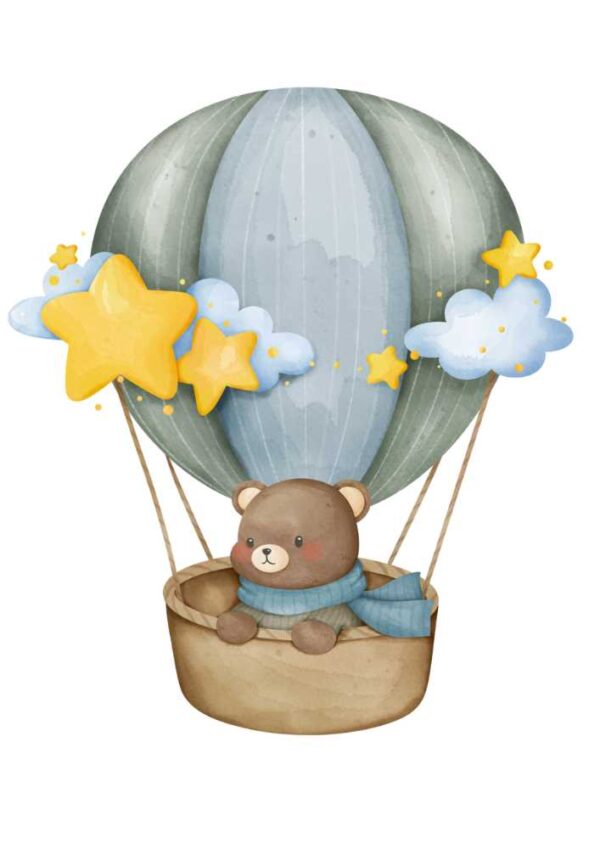 Affiche enfant ourson en montgolfière
