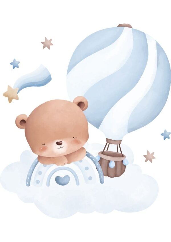 Affiche enfant ourson et sa montgolfière bleue