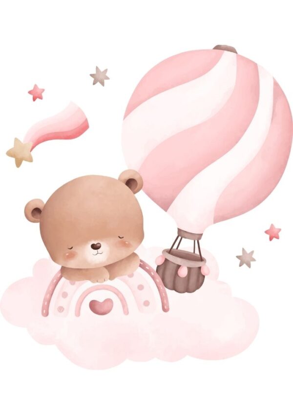 Affiche enfant ourson en montgolfière rose