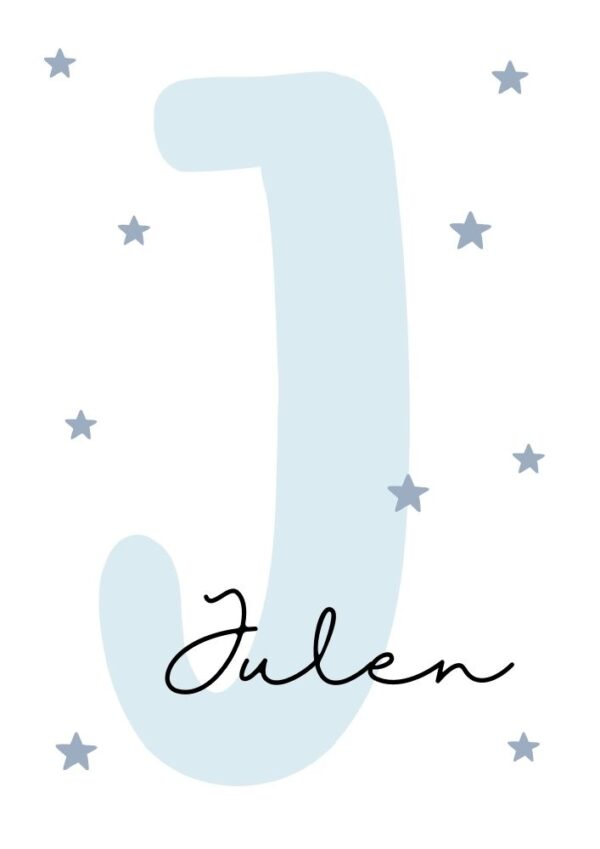 Lamina-nombre-bebe-celeste-personalizada-J.jpg Affiche prénom bébé bleu ciel personnalisée