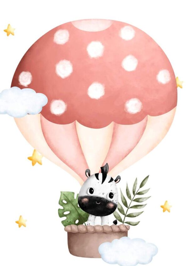 Affiche zèbre enfant en montgolfière