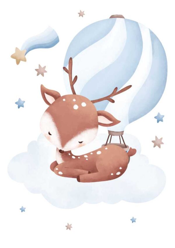Affiche enfant cerf en montgolfière bleu