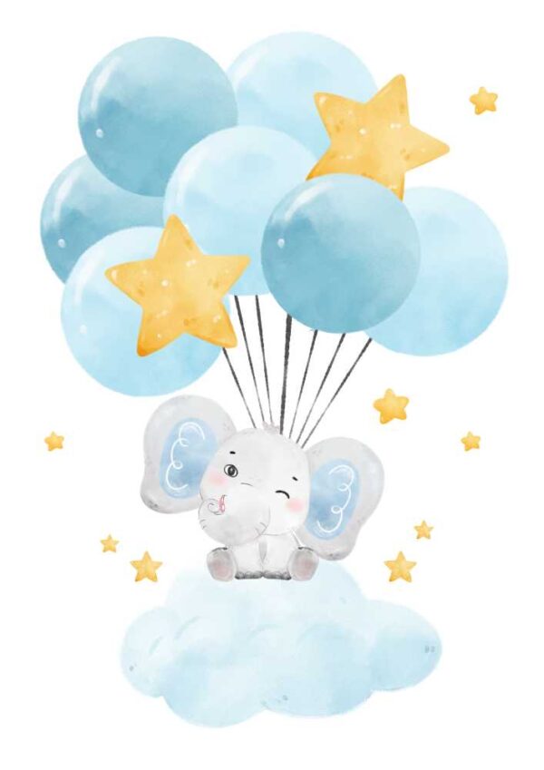 Affiche enfant éléphant qui fait un clin d’œil en montgolfière