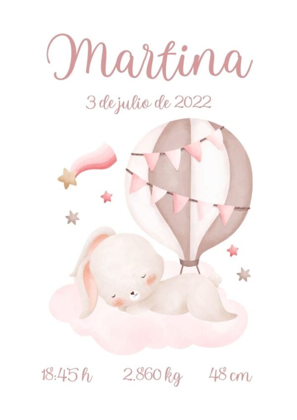 Affiche de naissance bébé petit lapin rose